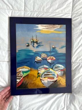 VINTAGE Orignal Majolica-Style Ceramic Tile Ocean Seaside Sailboat Wall Art